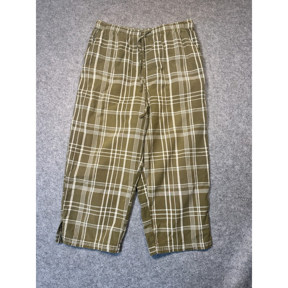 Erika & Co. Pants Womens PS Olive Green Plaid Cotton Crop High Rise Drawstring